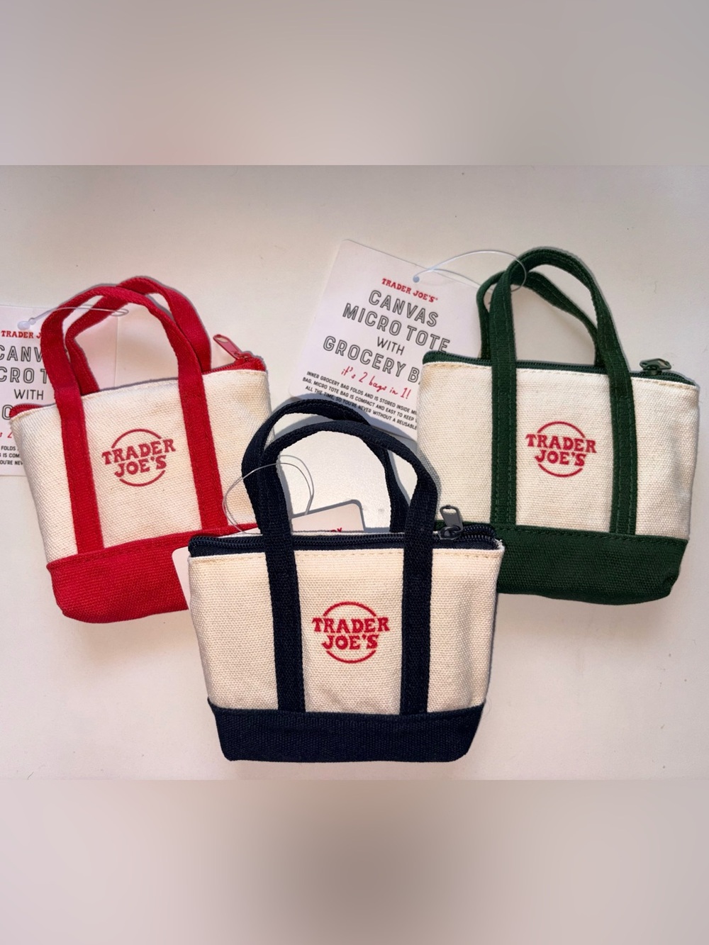 NWT Trader Joe's Canvas Micro Tote Bags with Grocery Bags Inside - Set of 3